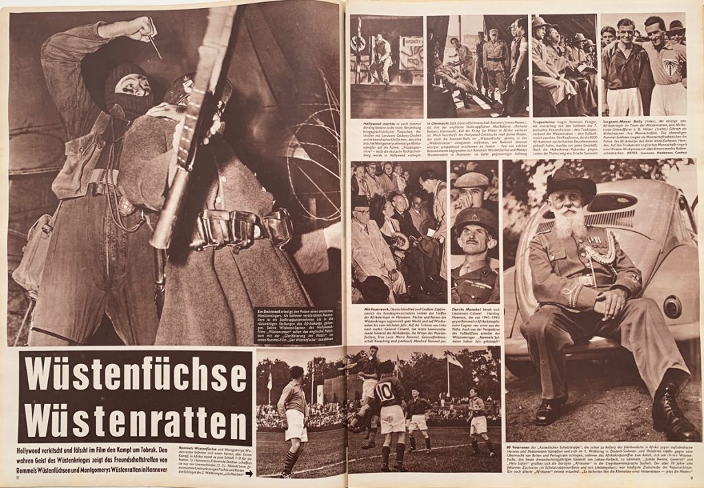 Zeitschriften-Doppelseite mit Text und neun Fotografien, z.B. von Sportlern und Militärs