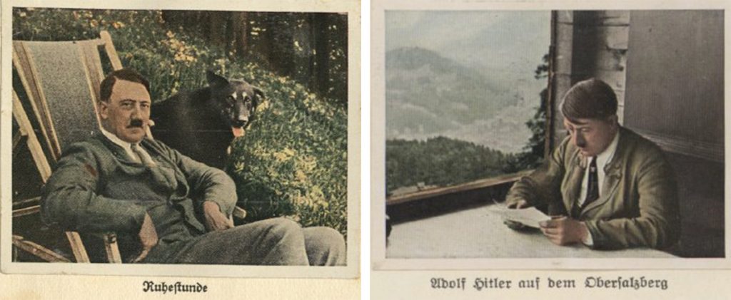 Zwei Bilder von einem Mann: links im Liegestuhl mit Hund, rechts lesend am Fenster mit Bergen als Hintergrund