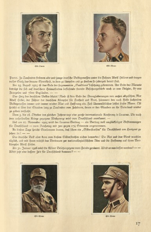 Fotos von vier Männern in Uniform; in der Mitte Text