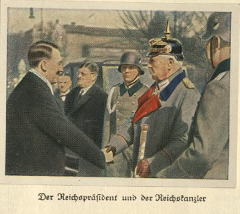 Koloriertes Foto von zwei Männern, die sich die Hand reichen