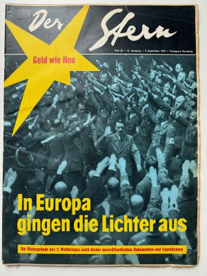 Zeitschriften-Cover mit Logo, Text und Fotografie von Männern in Uniform, die den Arm heben