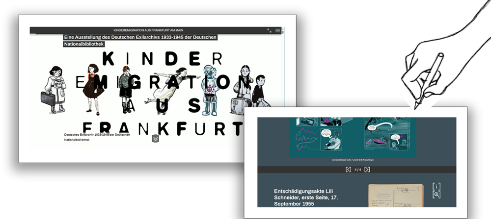 Zwei Fotografien mit Bildern einer Ausstellung als Ensemble mit einer gezeichneten schreibenden Hand