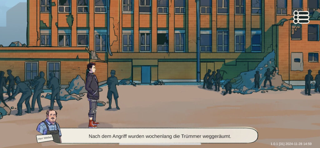 Zeichnung von schemenhaften Menschen vor einem Gebäude auf einem Hof, die Schutt wegräumen; im Vordergrund: ein Junge und ein Mann mit Sprechblase