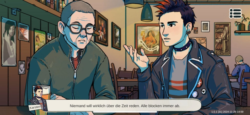 Farbige Zeichnung: ein junger Punk sitzt mit einem älteren Mann in einer Kneipe.