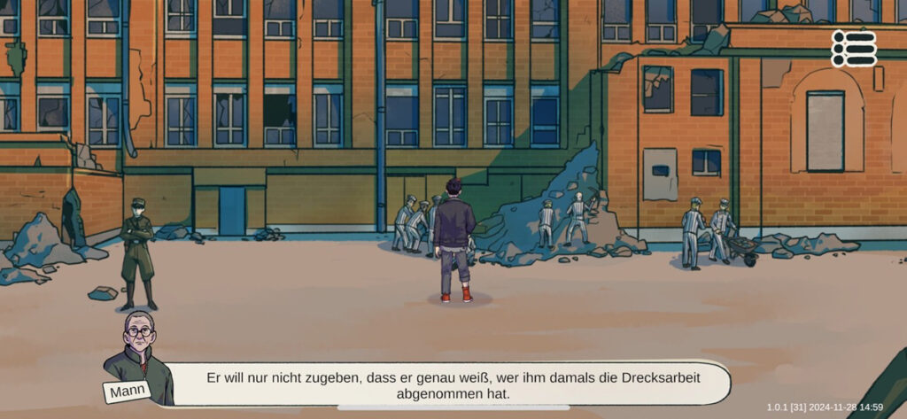 Zeichnung von Menschen in gestreifter Häftlings-Kleidung vor einem Gebäude auf einem Hof, die Schutt wegräumen; im Vordergrund: ein Junge und ein Mann mit Sprechblase