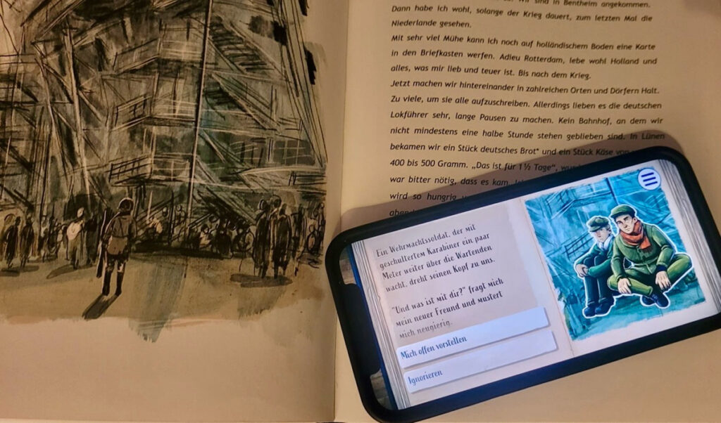 Zeichnung eines Stadions und Schrift; davor ein Handy mit dem Bild zweier Männer