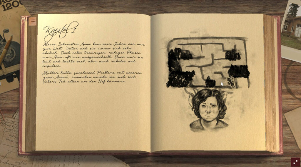Zeichnung eines Buches mit Schrift und einem Labyrinth über dem Kopf einer jungen Frau