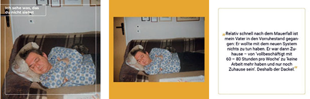 Zwei Fotos nebeneinander von einem schlafenden Mann auf dem Sofa, rechts daneben ein Zitat