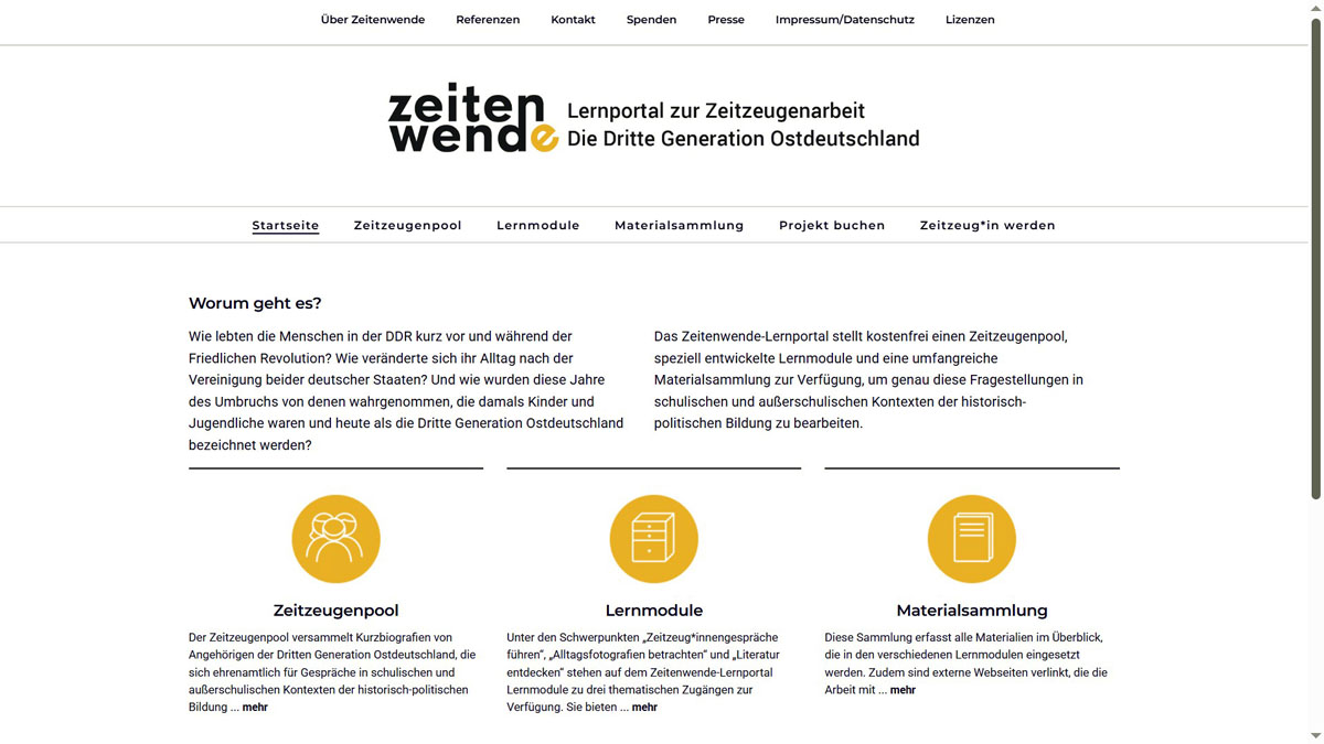 Schwarzweiße Website mit gelben Logos und Text