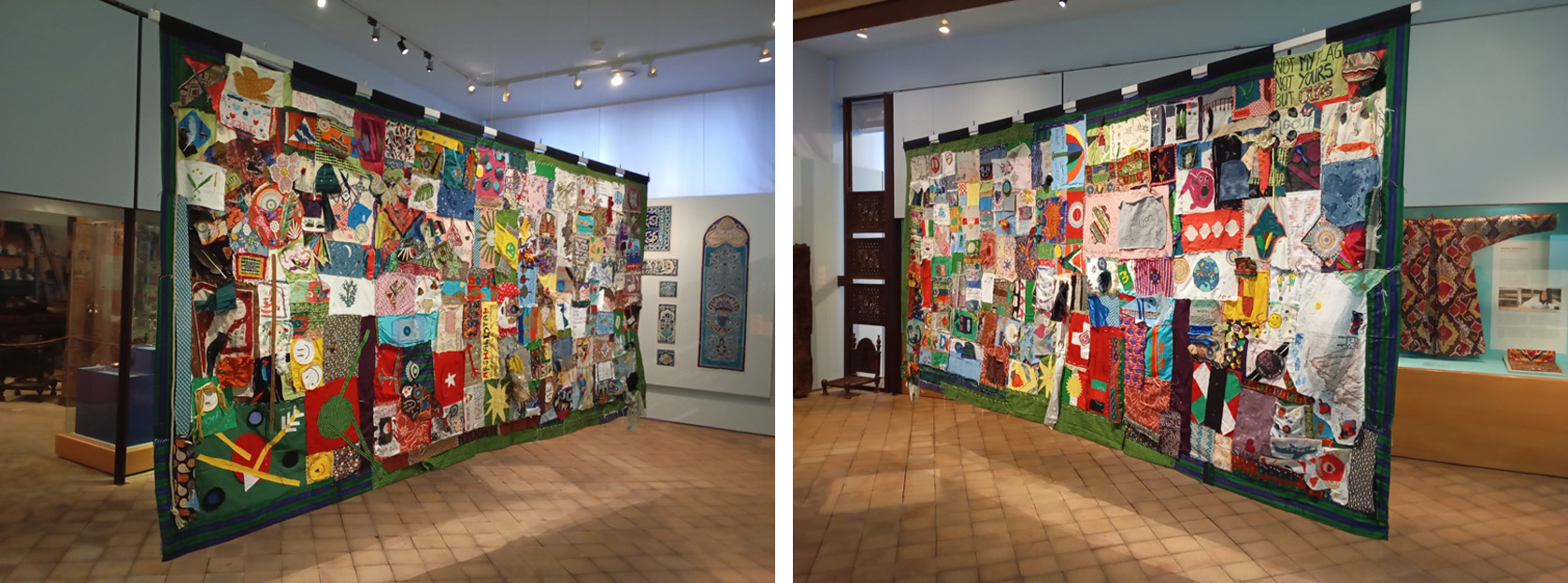 Zwei Farbfotos einer Ausstellungsansicht mit zusammengenähten Stoffteilen