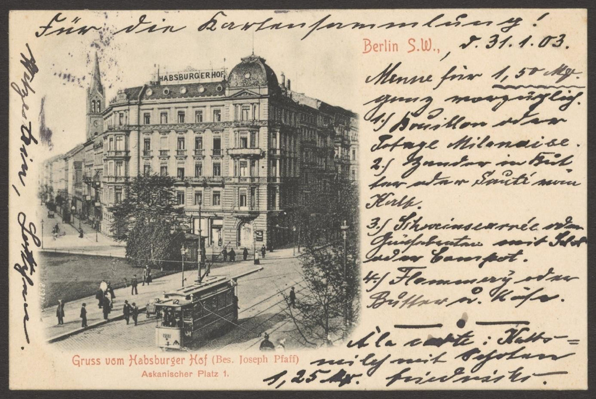 Ansichtskarte mit Foto eines Hotels und Text