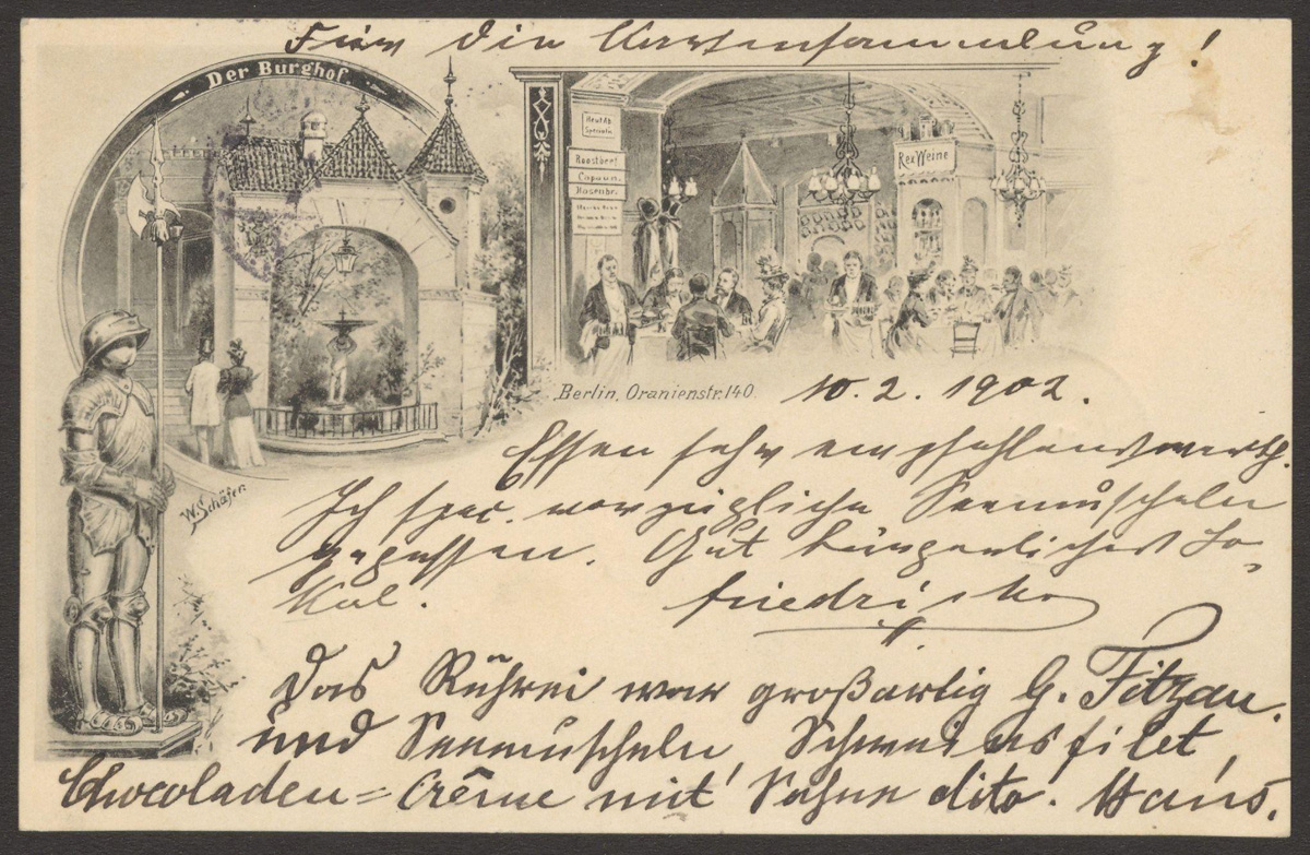 Ansichtskarte mit Zeichnungen eines Lokals und Text