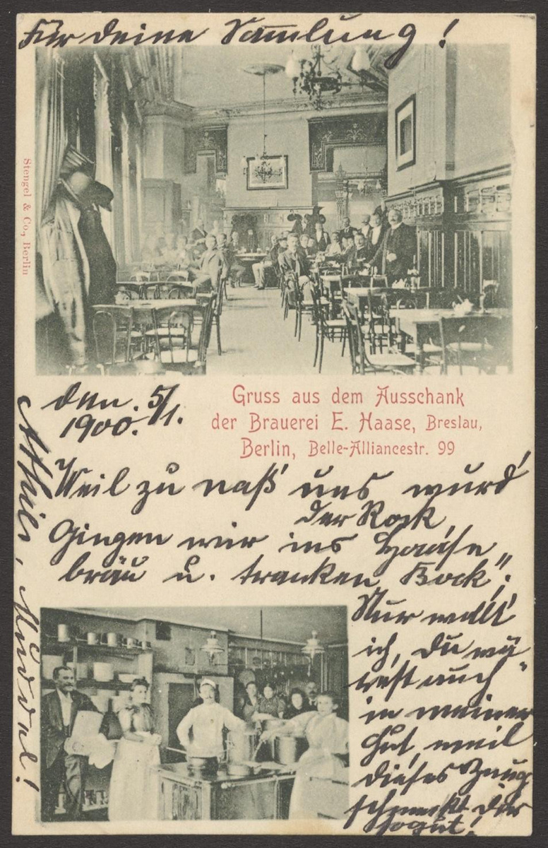 Ansichtskarte mit zwei Fotos eines Lokals und des Personals sowie Text