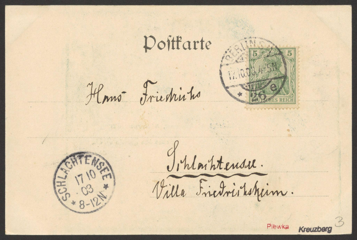 Rückseite einer Ansichtskarte mit handgeschriebener Adresse und Briefmarke