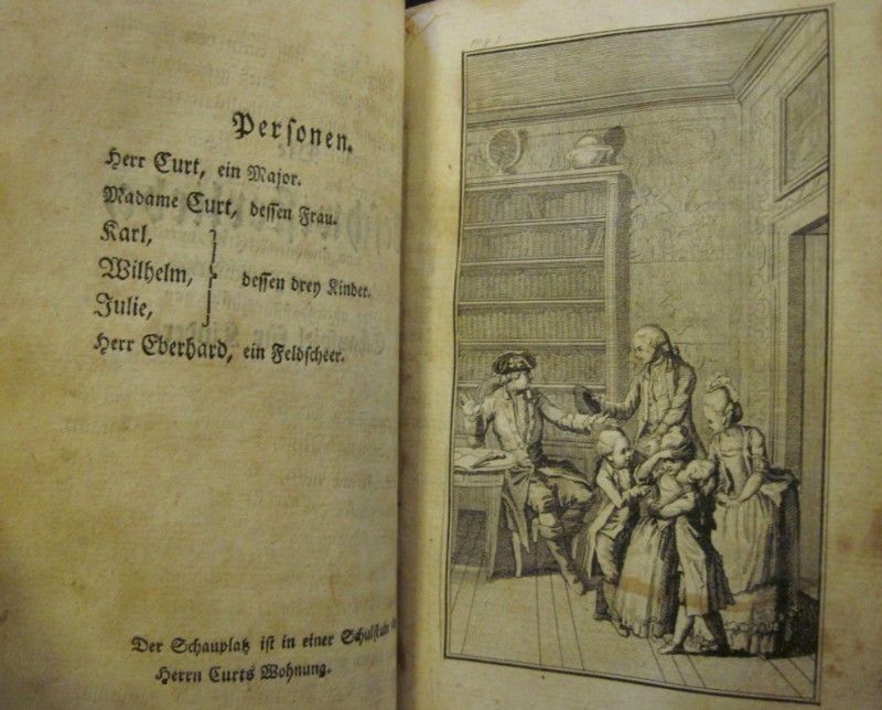 Illustration aus einem Buch; Kinder erhalten Unterricht; links Text