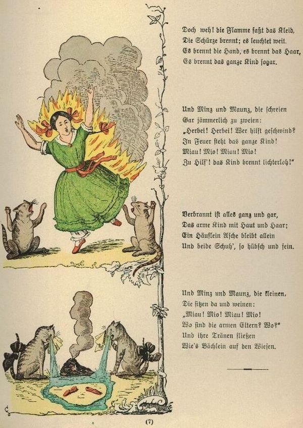 Links: Bildnis einer jungen Frau in Flammen, Katzen beklagen ihr Unglück; rechts: Text