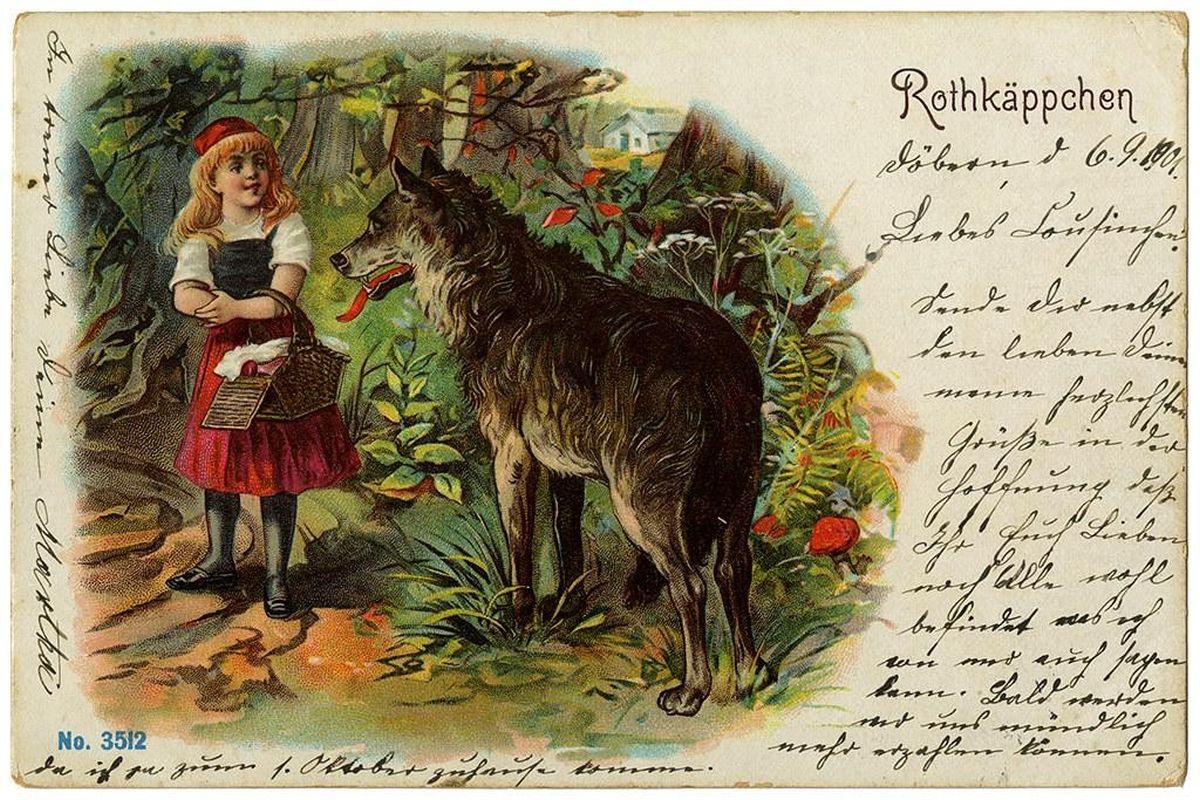 Ein Mädchen mit roter Kappe trifft auf einen Wolf; rechts Text.
