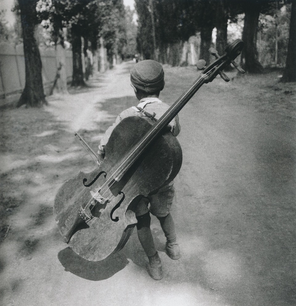 Ein kleiner Junge läuft mit einem Cello auf dem Rücken eine Allee entlang.