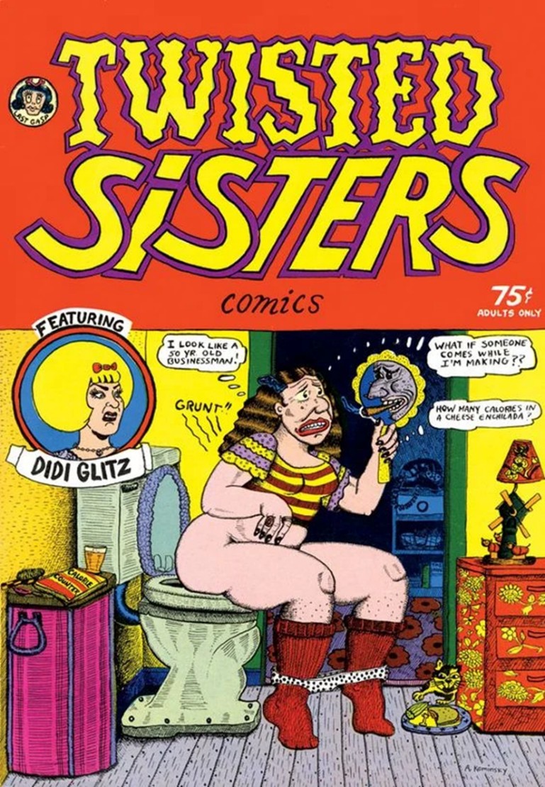 Farbiges Comic-Cover von einer Frau auf der Toilette sitzend