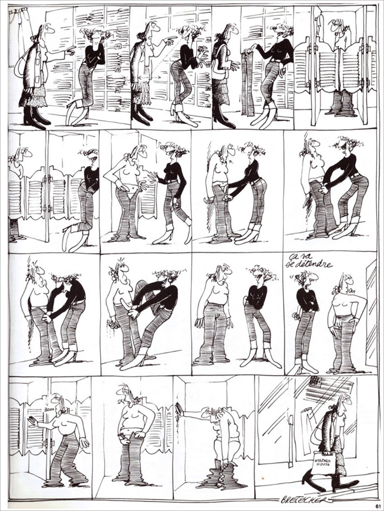Schwarzweiße Comic-Seite mit 16 Panels über eine Frau beim Anprobieren einer Hose