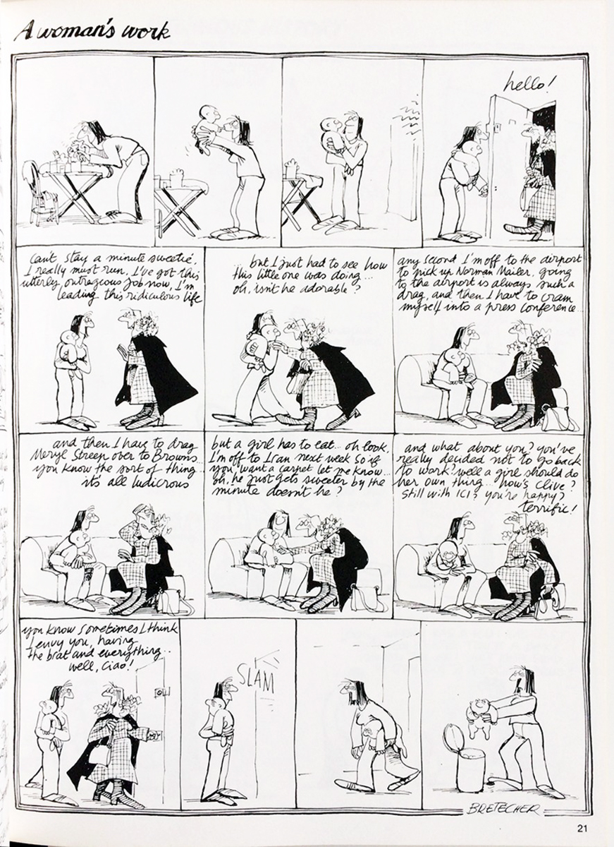 Schwarzweiße Comic-Seite mit 14 Panels über eine Frau mit Kind