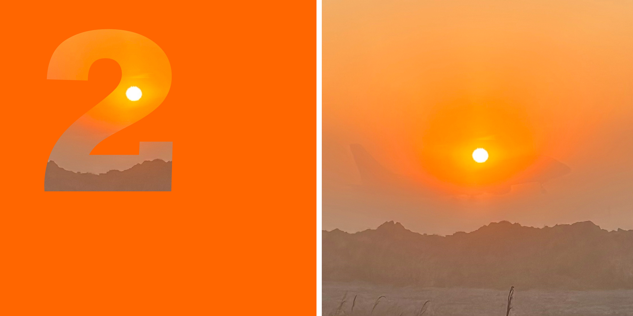 Collage: links: Zahl „2“, rechts: aufgehende Sonne mit Flugzeug
