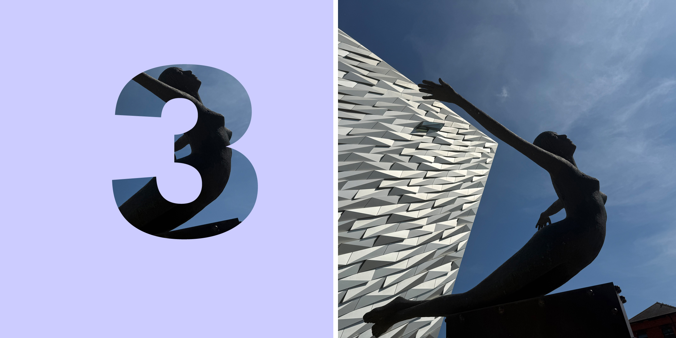 Collage: links: Zahl „3“, rechts: Frauenskulptur vor Hochhaus