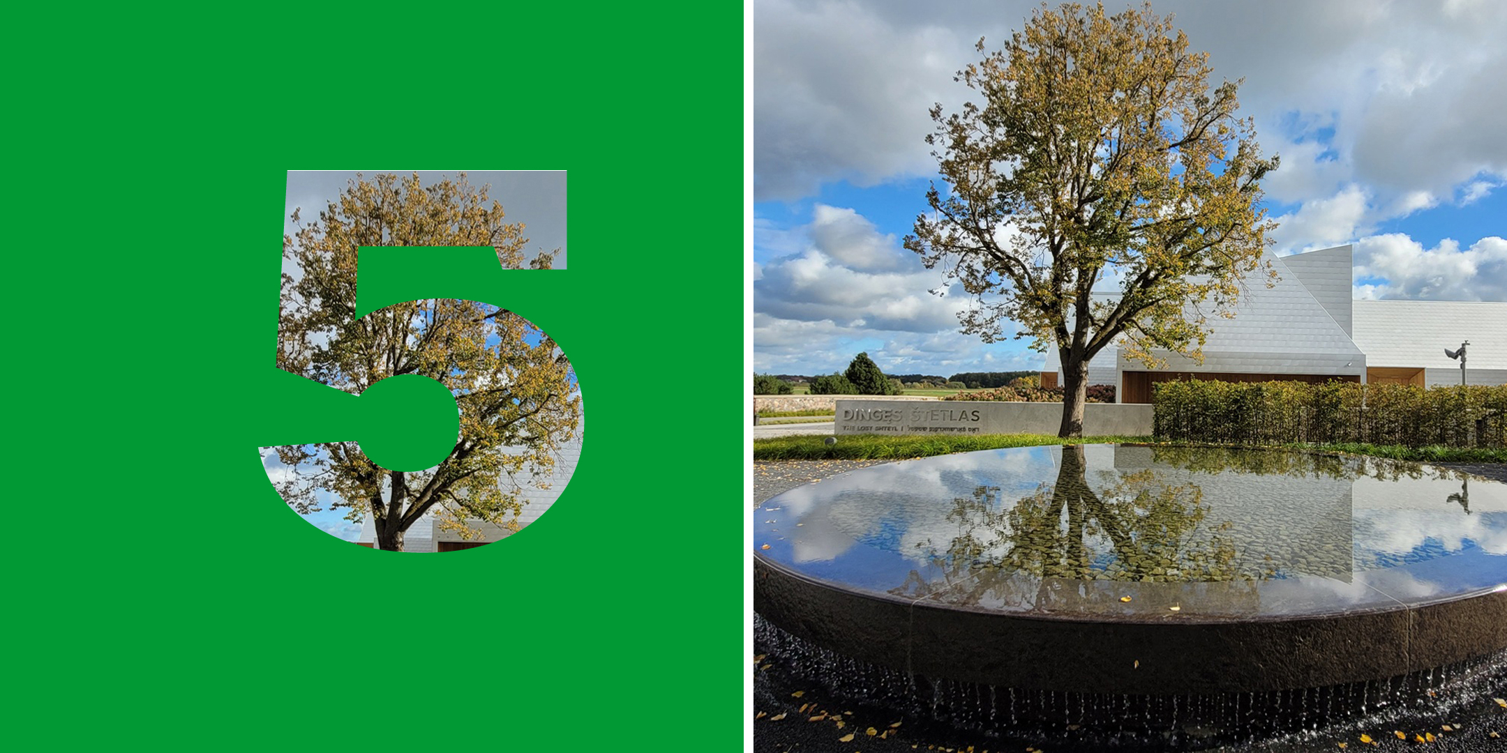 Collage: links: Zahl „5“, rechts: runde Gedenkplatte und Baum