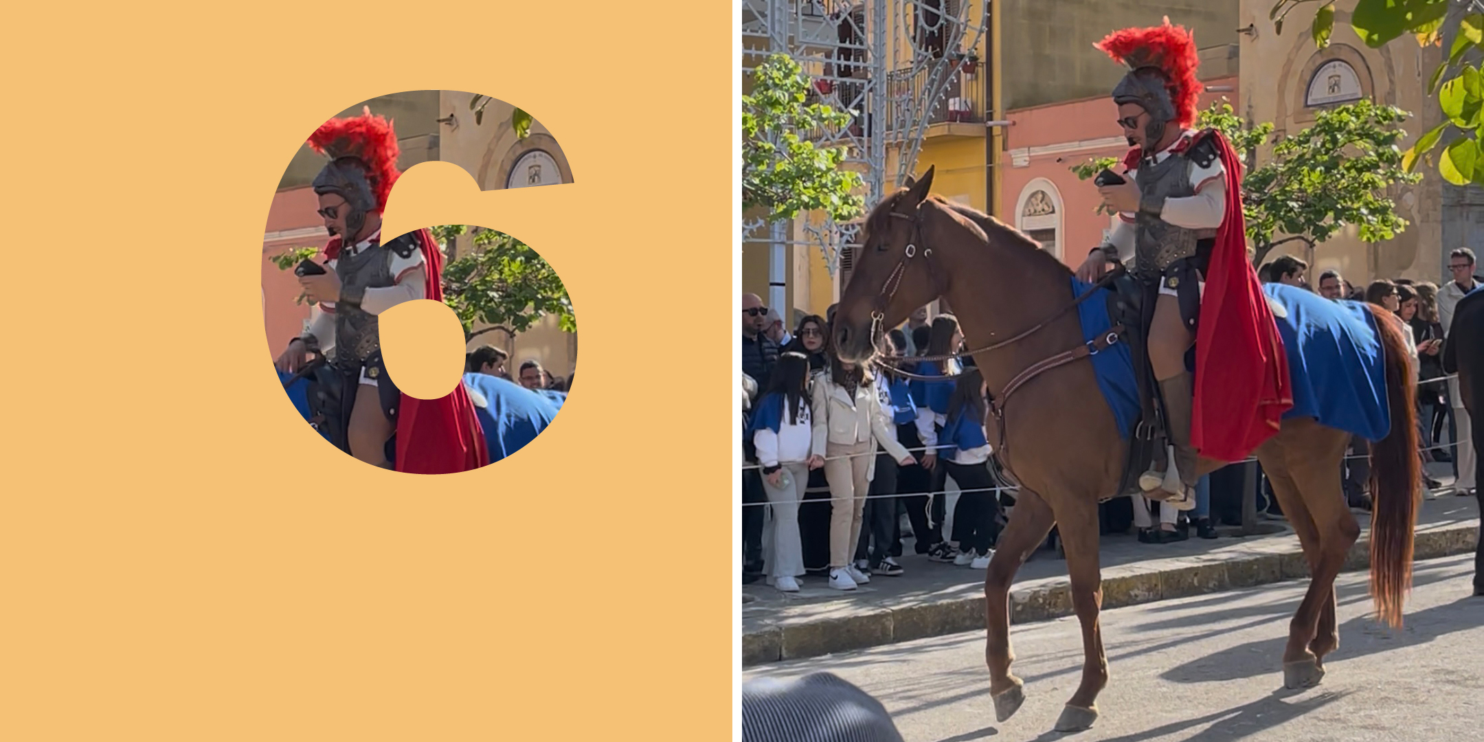 Collage: links: Zahl „6“, rechts: Mann mit Uniform auf Pferd mit Handy