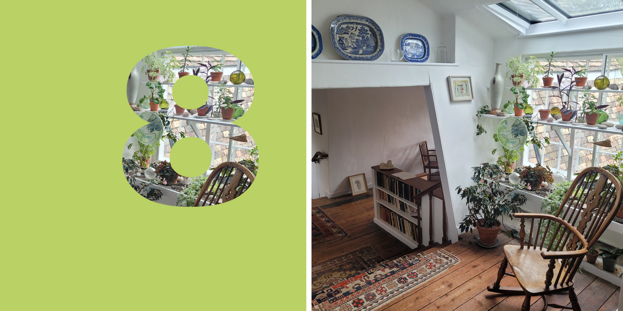 Collage: links: Zahl „8“, rechts: Zimmer mit Schaukelstuhl