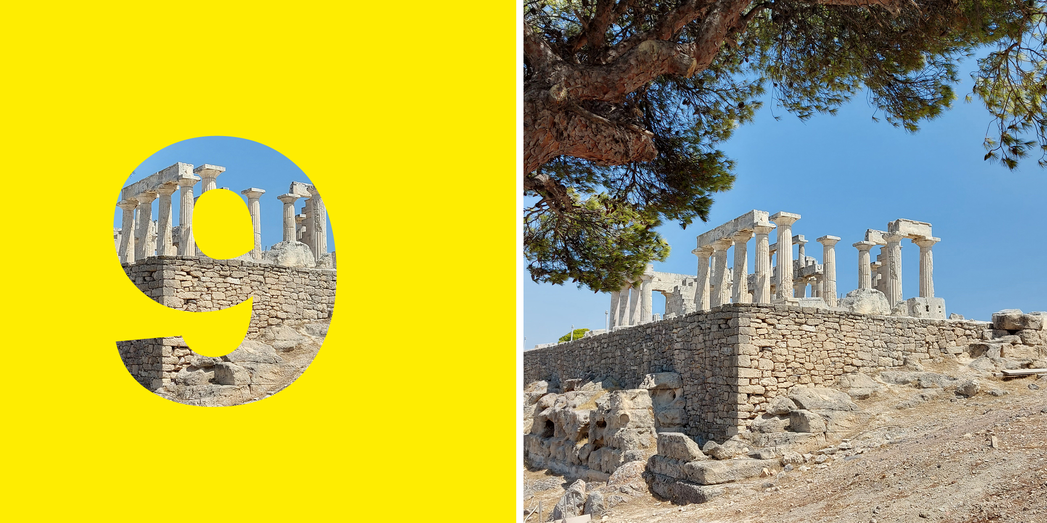 Collage: links: Zahl „9“, rechts: Überreste eines Tempels