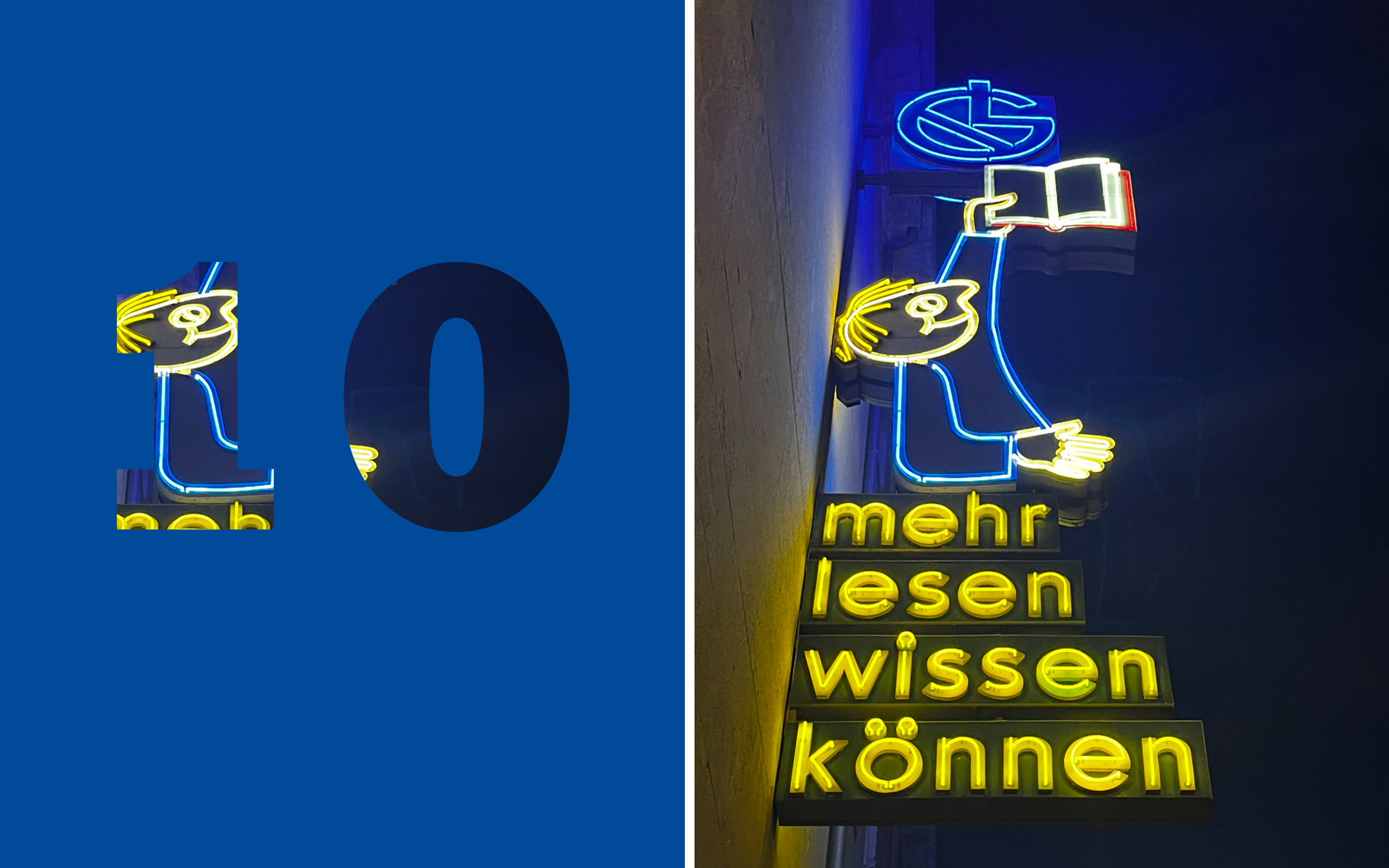 Collage: links: Zahl „10“, rechts: Leuchtreklame mit einem Mann mit Buch und Schrift
