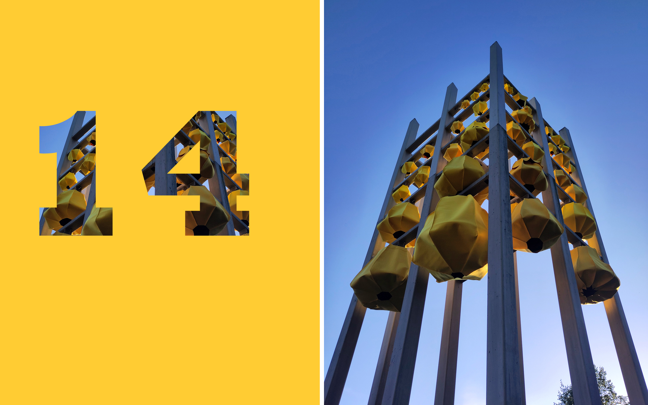 Collage: links: Zahl „14“, rechts: Farbfoto von goldenen Glocken