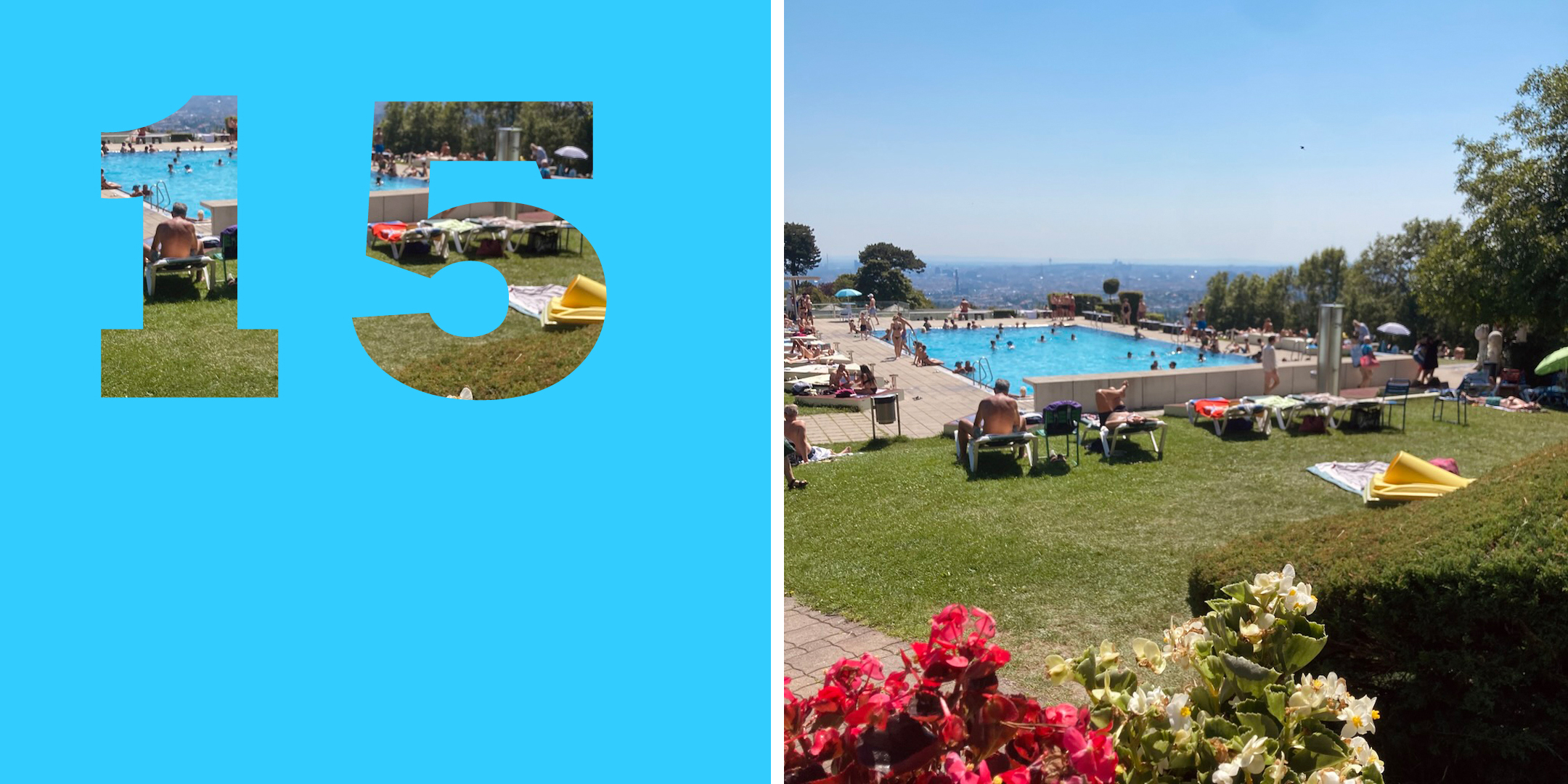 Collage: links: Zahl „15“, rechts: Farbfoto von Menschen im Freibad