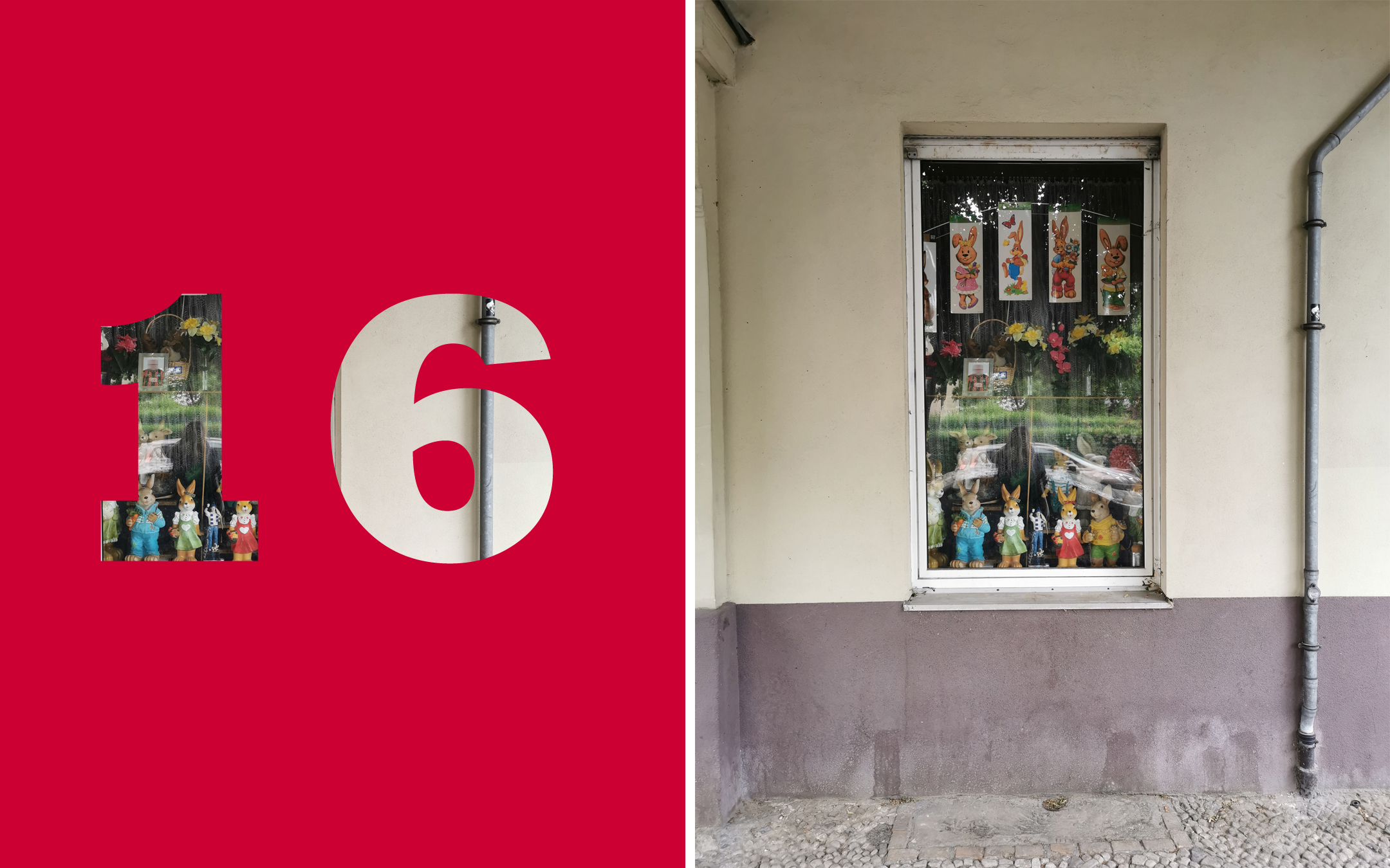Collage: links: Zahl „16“, rechts: Farbfoto von Ergeschossfenster mit Hasen