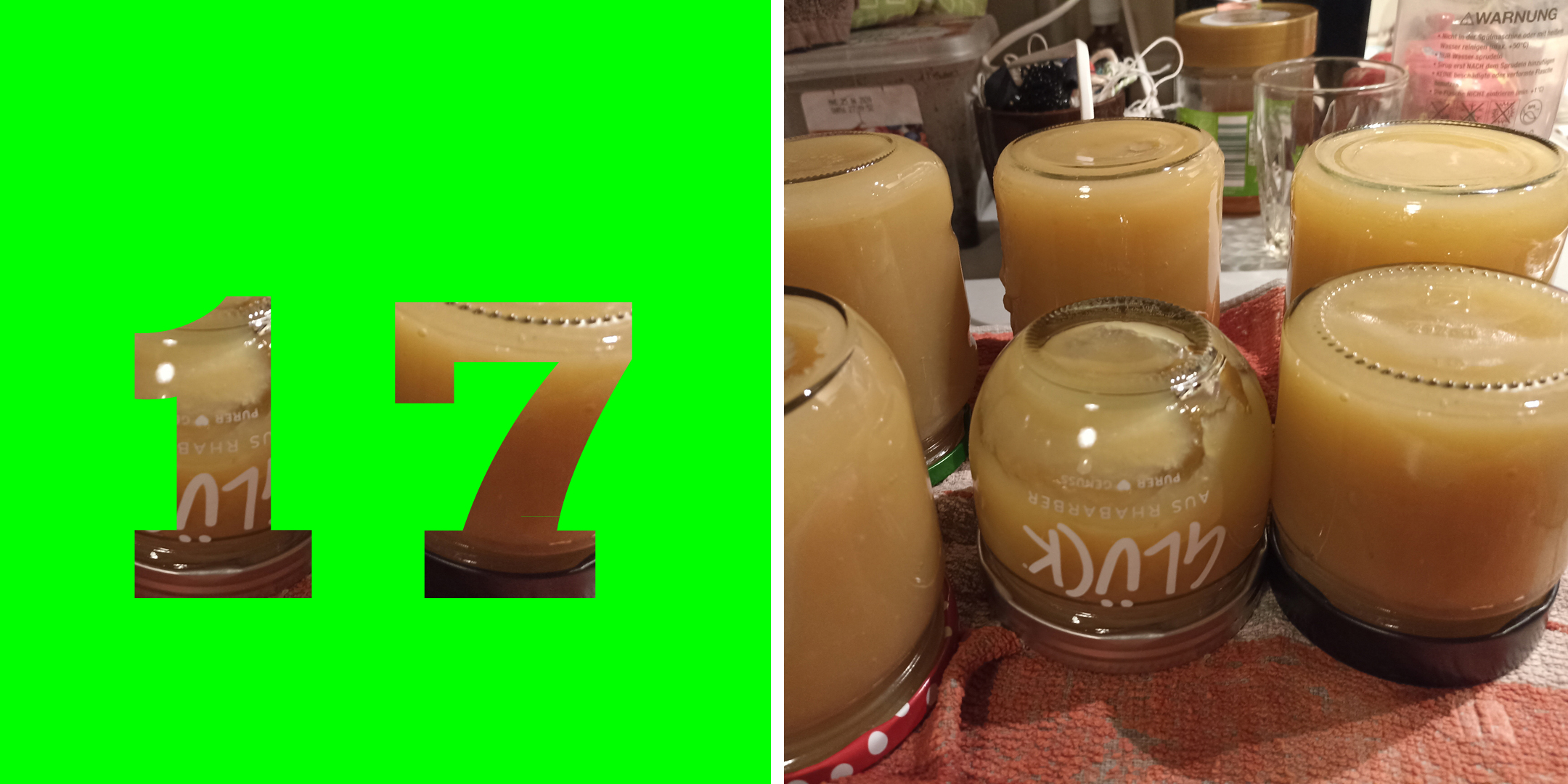 Collage: links: Zahl „17“, rechts: Farbfoto von Einmachgläsern mit Inhalt
