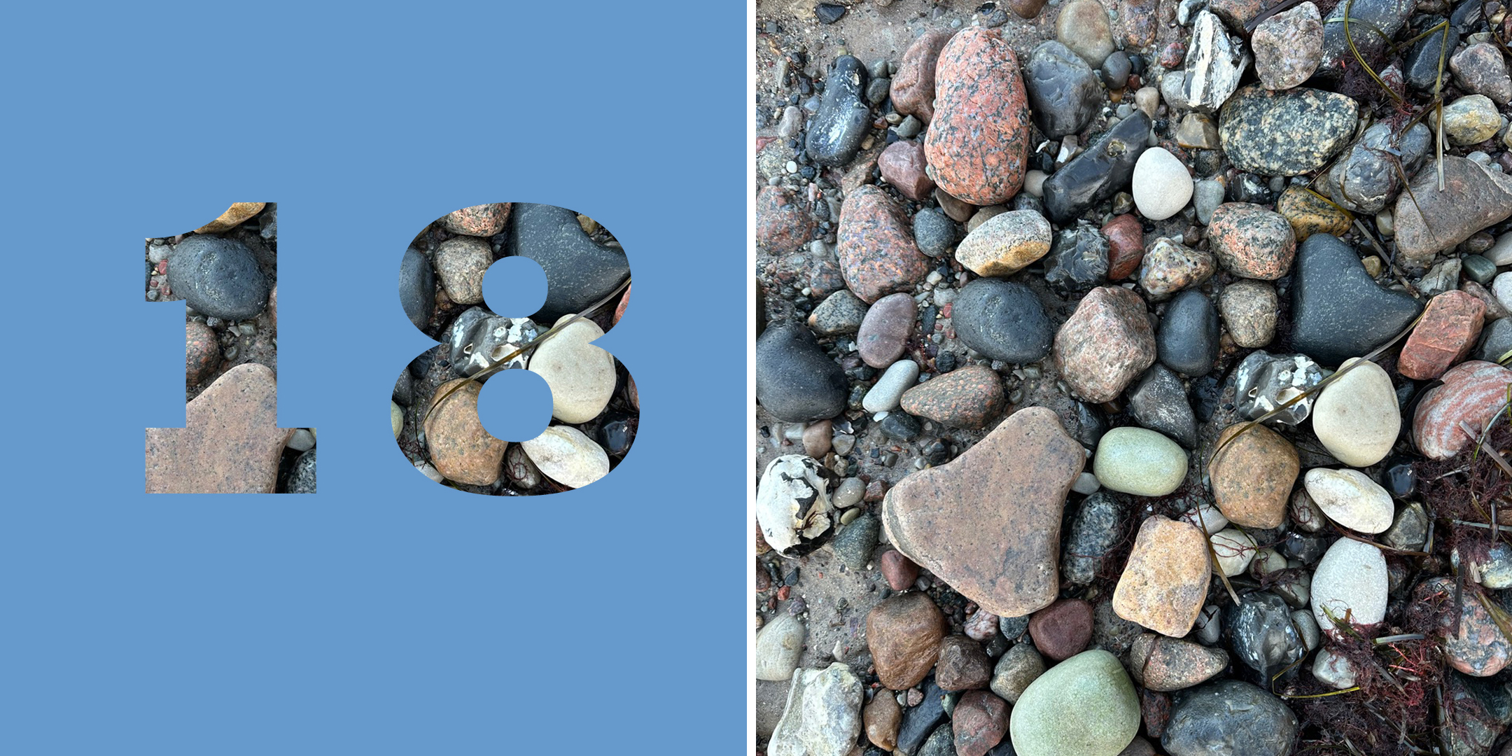 Collage: links: Zahl „18“, rechts: Farbfoto von Steinen