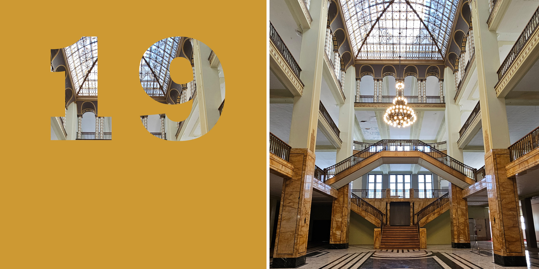 Collage: links: Zahl „19“, rechts: Farbfoto von eleganter Halle