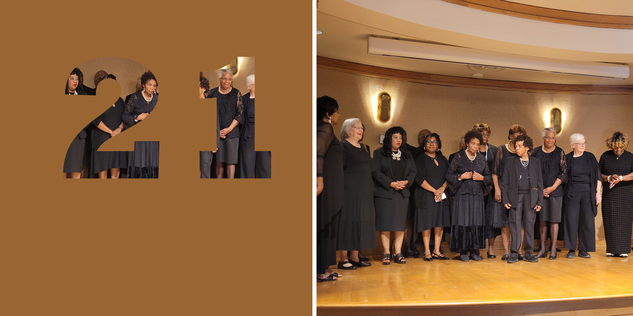 Collage: links: Zahl „21“, rechts: Farbfoto von Frauen auf einer Bühne