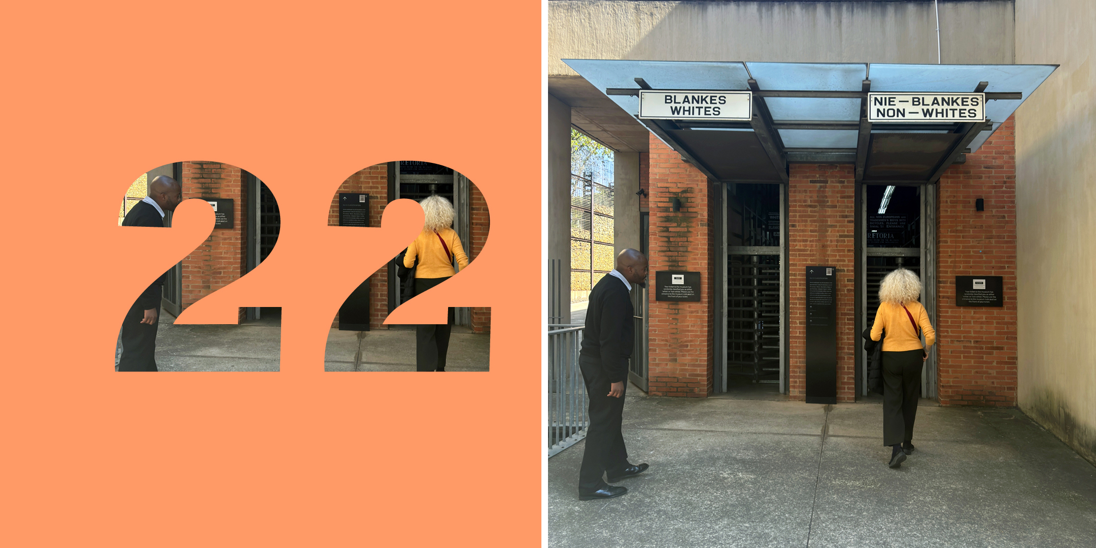 Collage: links: Zahl „22“, rechts: Farbfoto von zwei Menschen vor zwei Eingängen