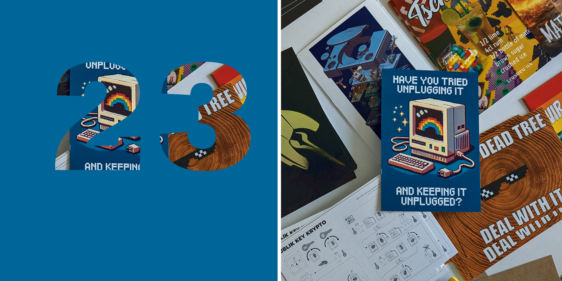 Collage: links: Zahl „23“, rechts: Farbfoto von Postkarten und Werbematerial