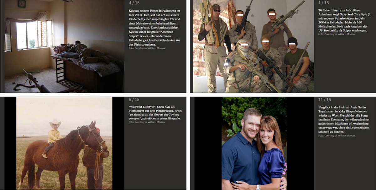 Collage von vier Farbfotografien mit Text: Sniper, Kind auf Pferd, Männer mit Gewehren, Mann und Frau