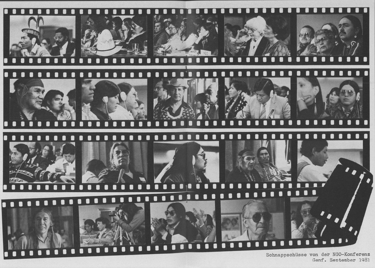 Zeitschriftenseite mit Negativfilmen mit Aufnahmen von Menschen