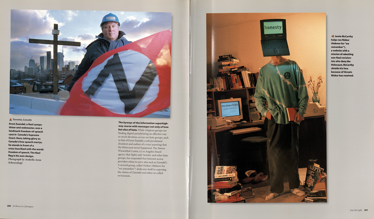 Doppelseite mit Schrift und zwei Farbfotos: ein Mann mit einer Fahne, eine Person mit einem Notebook vor dem Kopf, auf dem honesty steht