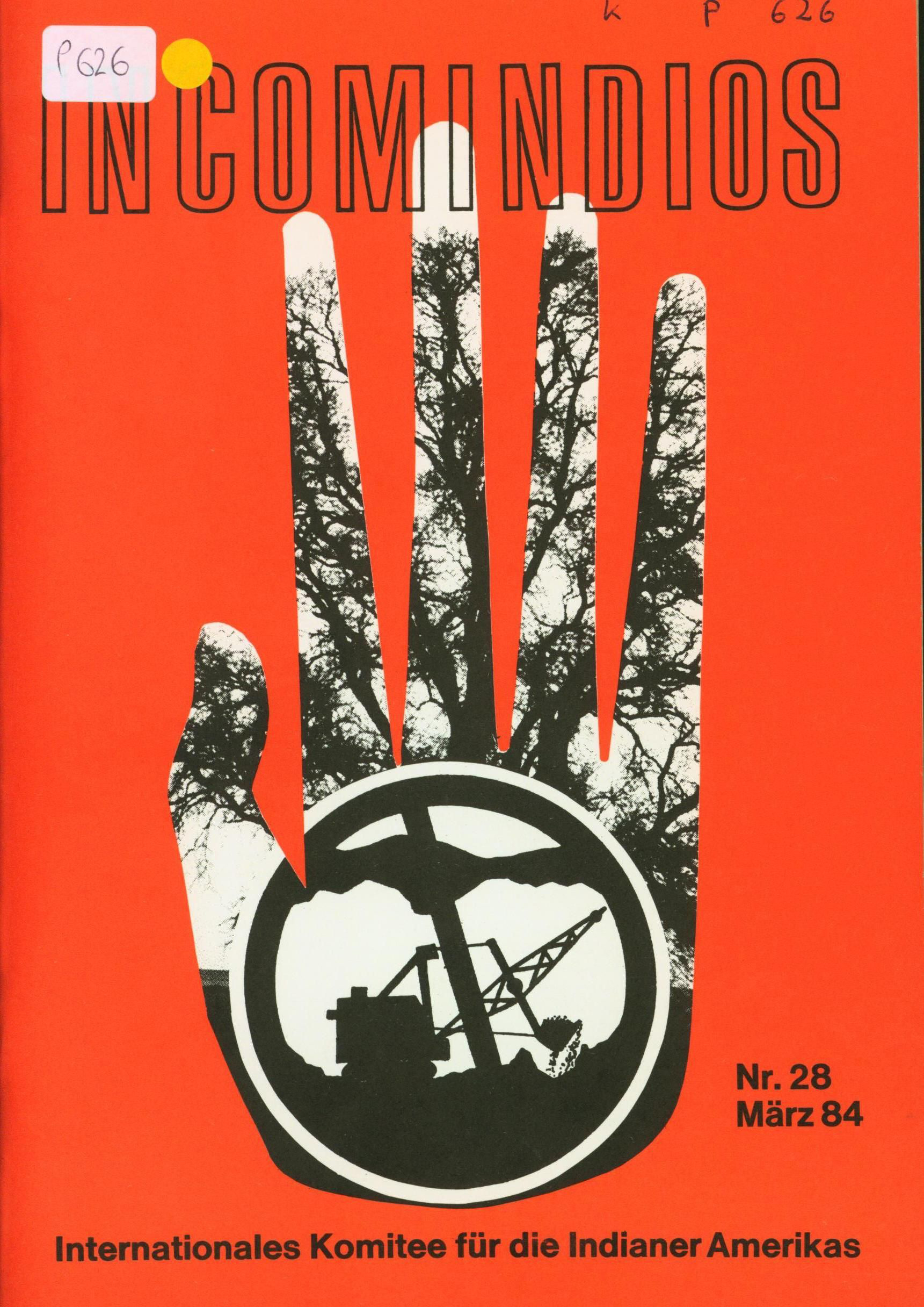 Rotes Titelblatt mit Schrift und Grafik einer Hand mit Bäumen und Bagger