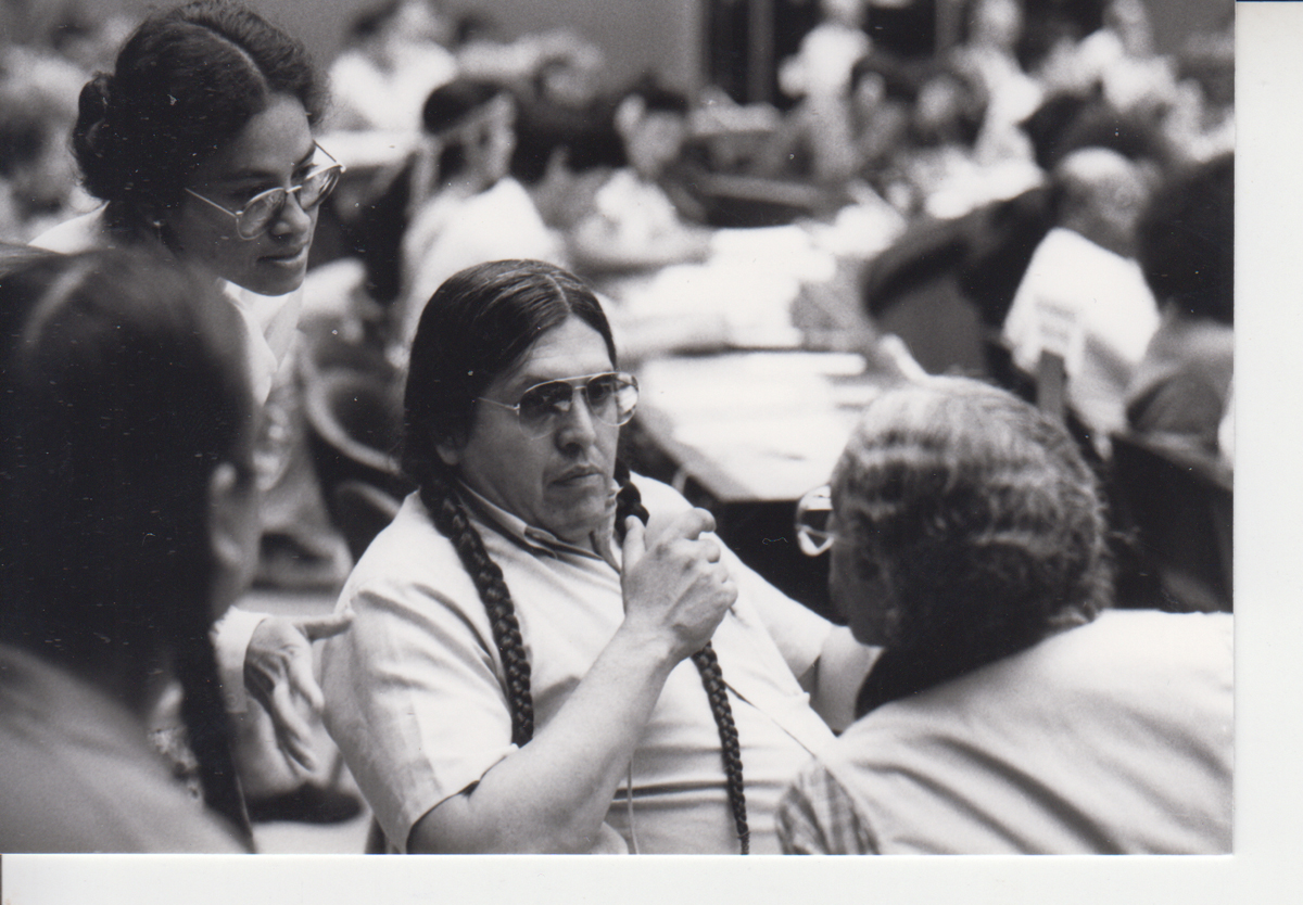 Schwarzweißfoto von mehreren Personen in einem Sitzungssall, im Vordergrund ein Mann und eine Frau