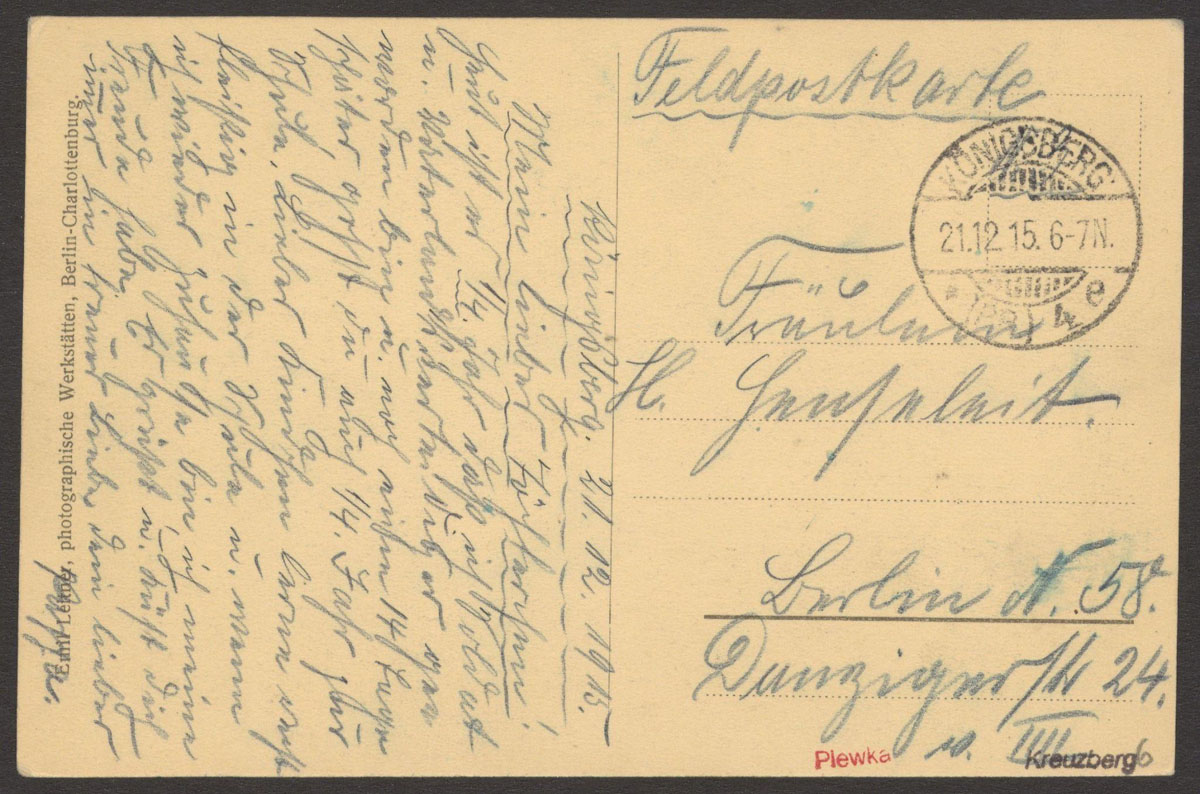 Rückansicht einer Feldpostkarte mit Adresse und Text