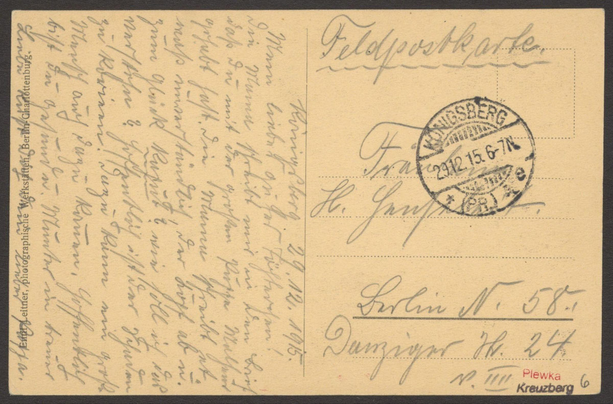 Rückansicht einer Feldpostkarte mit Adresse und Text