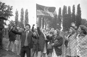 Zuschauer:innen jubeln bei einem Fußballspiel