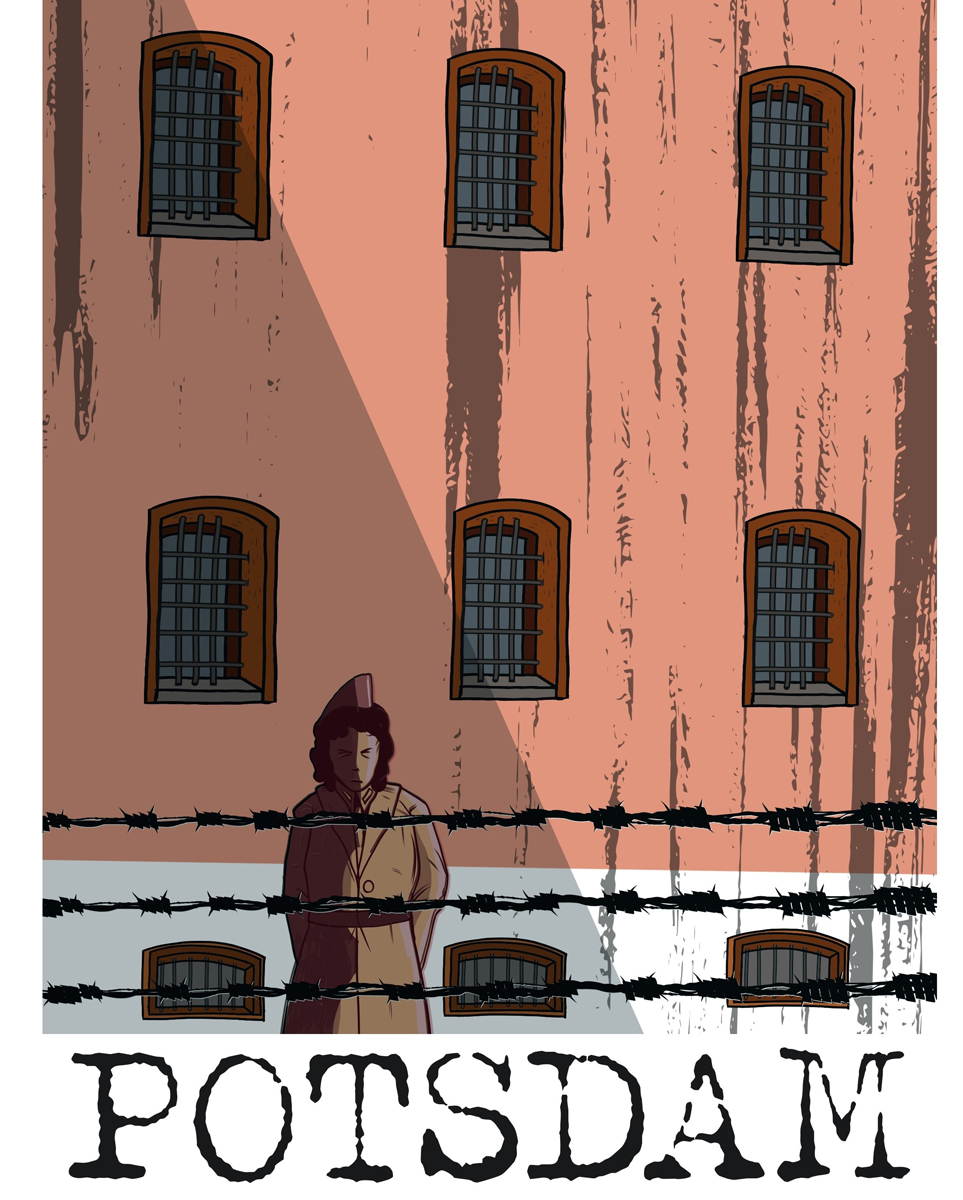Farbige Comiczeichnung von einer Person hinter Stacheldraht, dahinter ein rotes Gebäude mit vergitterten Fenstern